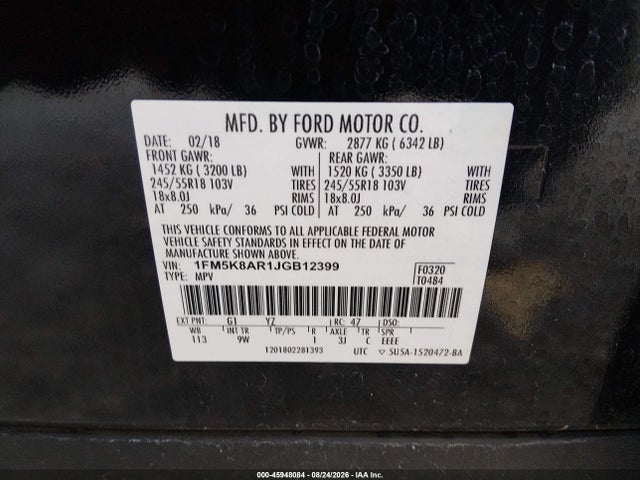 45948084 :رقم المزاد ، 1FM5K8AR1JGB12399 vin ، 2018 Ford Police Interceptor Utility مزاد بيع