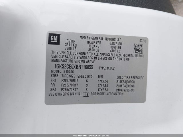 Aukcja sprzedaży 2011 Gmc Yukon Slt, vin: 1GKS2CE0XBR116855, numer aukcji: 45948091
