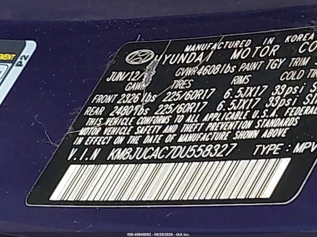 Продажа на аукционе авто 2013 Hyundai Tucson Gls, vin: KM8JUCAC7DU558327, номер лота: 45948092