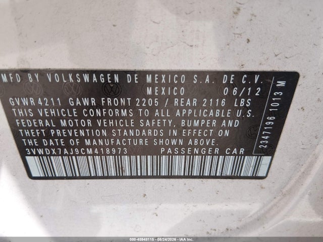 Продажа на аукционе авто 2012 Volkswagen Jetta 2.5l Se, vin: 3VWDX7AJ9CM418973, номер лота: 45948115