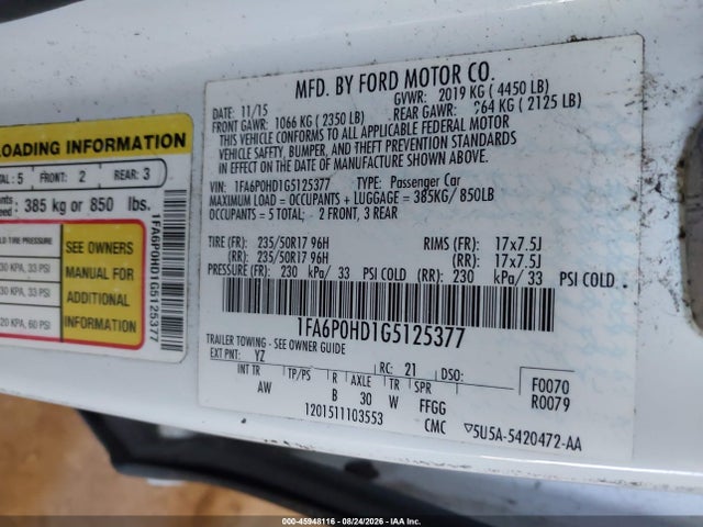45948116 :رقم المزاد ، 1FA6P0HD1G5125377 vin ، 2016 Ford Fusion Se مزاد بيع