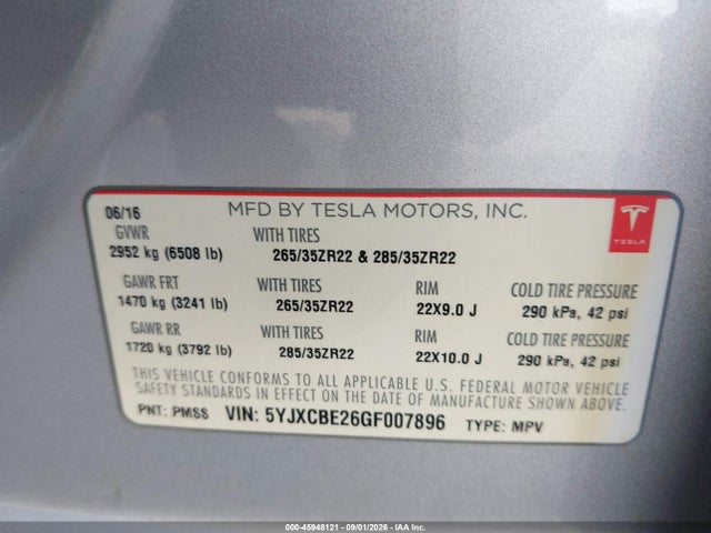 2016 Tesla Model X 60d/70d/75d/90d/p100d მანქანა იყიდება აუქციონზე, vin: 5YJXCBE26GF007896, აუქციონის ნომერი: 45948121