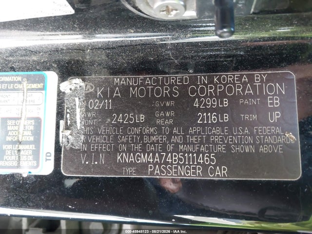 45948123 :رقم المزاد ، KNAGM4A74B5111465 vin ، 2011 Kia Optima Lx مزاد بيع