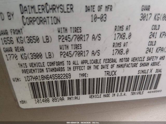 Aukcja sprzedaży 2004 Dodge Ram 1500 Slt/laramie, vin: 1D7HA18N64S582269, numer aukcji: 45948126