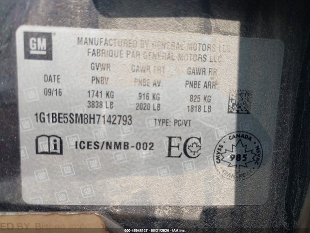 45948127 :رقم المزاد ، 1G1BE5SM8H7142793 vin ، 2017 Chevrolet Cruze Lt Auto مزاد بيع