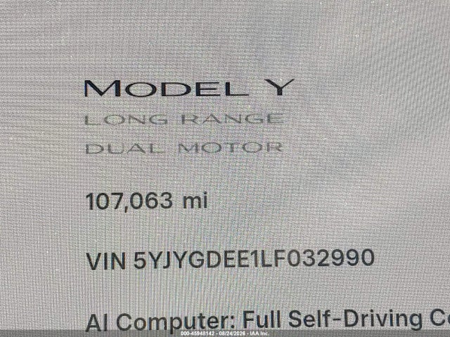 Продажа на аукционе авто 2020 Tesla Model Y Long Range Dual Motor All-wheel Drive, vin: 5YJYGDEE1LF032990, номер лота: 45948142
