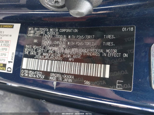 Aukcja sprzedaży 2018 Toyota 4runner Sr5, vin: JTEBU5JR5J5539592, numer aukcji: 45948157