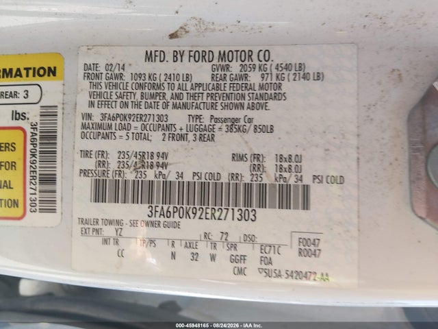 Продаж на аукціоні авто 2014 Ford Fusion Titanium, vin: 3FA6P0K92ER271303, номер лоту: 45948165
