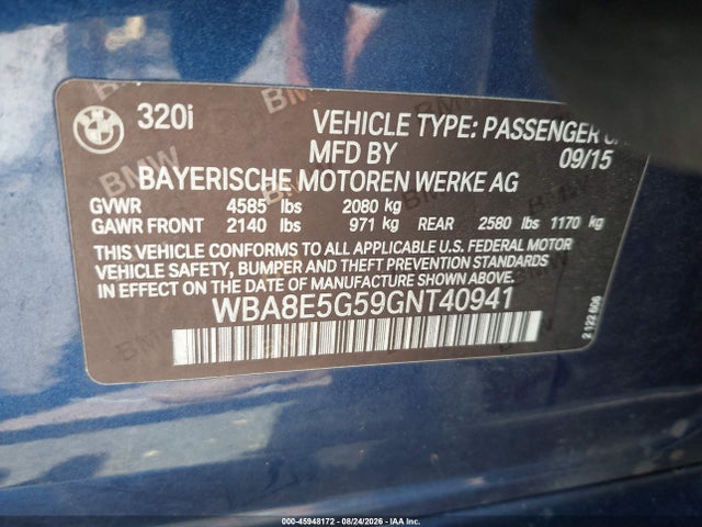 Aukcja sprzedaży 2016 Bmw 320i Xdrive, vin: WBA8E5G59GNT40941, numer aukcji: 45948172