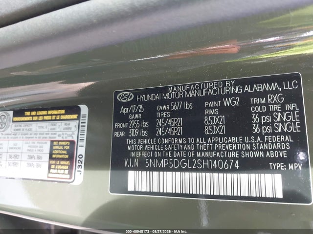 Aukcja sprzedaży 2025 Hyundai Santa Fe Calligraphy, vin: 5NMP5DGL2SH140674, numer aukcji: 45948173