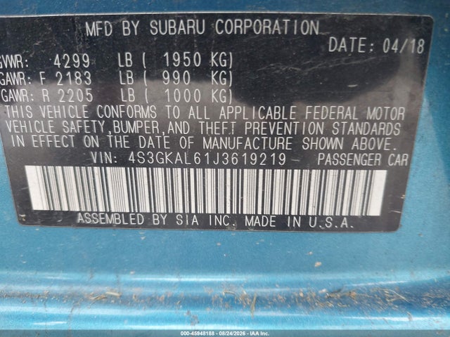 Aukcja sprzedaży 2018 Subaru Impreza 2.0i Sport, vin: 4S3GKAL61J3619219, numer aukcji: 45948188