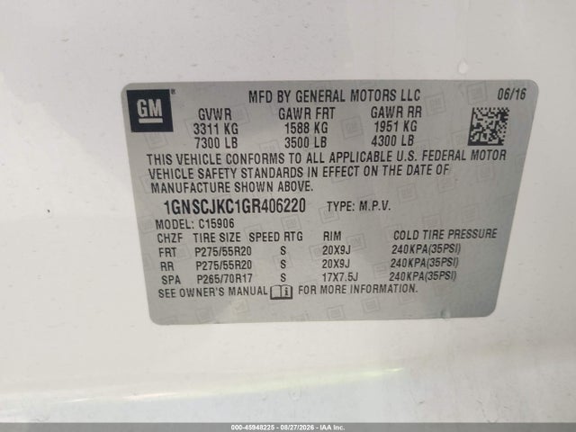 Aukcja sprzedaży 2016 Chevrolet Suburban Ltz, vin: 1GNSCJKC1GR406220, numer aukcji: 45948225