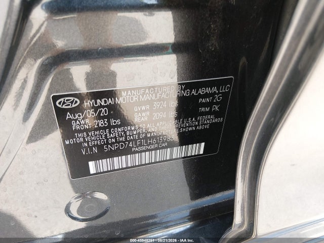 45948251 :رقم المزاد ، 5NPD74LF1LH613983 vin ، 2020 Hyundai Elantra Se مزاد بيع