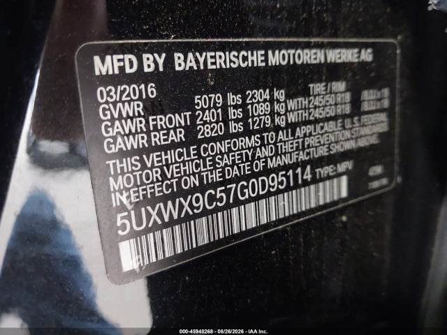 45948268 :رقم المزاد ، 5UXWX9C57G0D95114 vin ، 2016 Bmw X3 Xdrive28i مزاد بيع