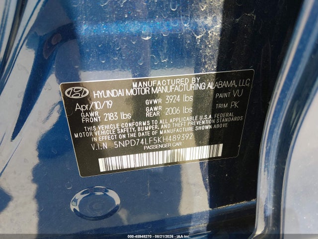 45948270 :رقم المزاد ، 5NPD74LF5KH489392 vin ، 2019 Hyundai Elantra Se مزاد بيع