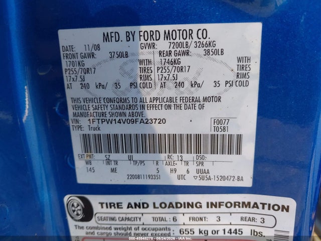 45948278 :رقم المزاد ، 1FTPW14V09FA23720 vin ، 2009 Ford F-150 Fx4/king Ranch/lariat/platinum/xl/xlt مزاد بيع