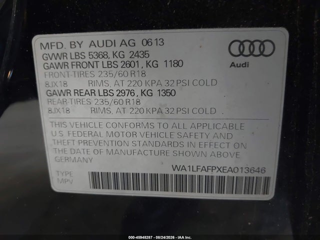 Aukcja sprzedaży 2014 Audi Q5 2.0t Premium, vin: WA1LFAFPXEA013646, numer aukcji: 45948287