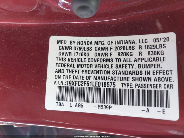 45948290 :رقم المزاد ، 19XFC2F61LE018575 vin ، 2020 Honda Civic Lx مزاد بيع