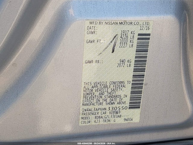 2017 Nissan Altima 2.5 S მანქანა იყიდება აუქციონზე, vin: 1N4AL3APXHN330550, აუქციონის ნომერი: 45948299
