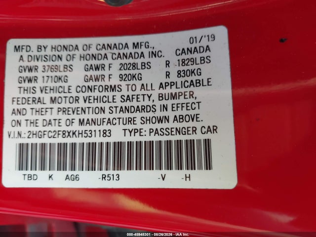 45948301 :رقم المزاد ، 2HGFC2F8XKH531183 vin ، 2019 Honda Civic Sport مزاد بيع
