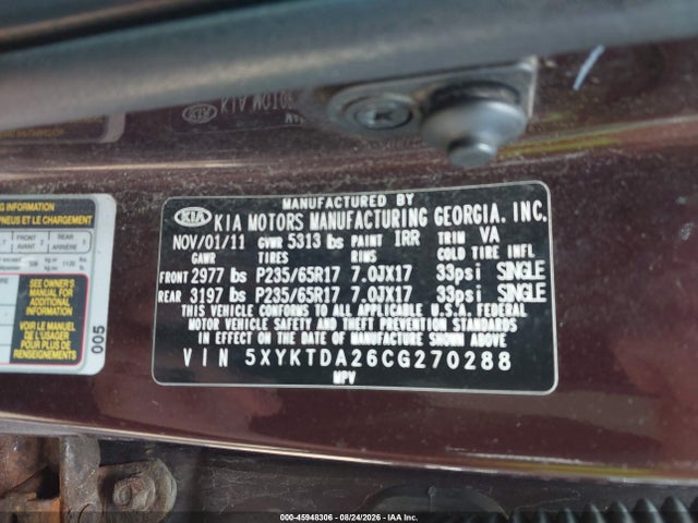 2012 Kia Sorento Lx V6 მანქანა იყიდება აუქციონზე, vin: 5XYKTDA26CG270288, აუქციონის ნომერი: 45948306