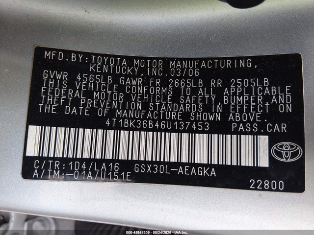 45948309 :رقم المزاد ، 4T1BK36B46U137453 vin ، 2006 Toyota Avalon Xls مزاد بيع