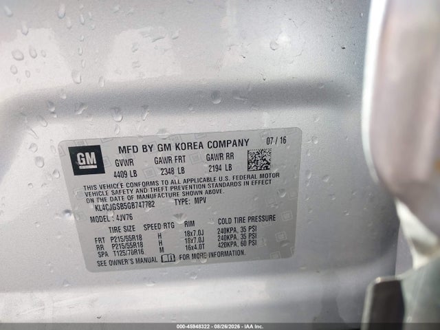 2016 Buick Encore Leather მანქანა იყიდება აუქციონზე, vin: KL4CJGSB5GB747782, აუქციონის ნომერი: 45948322
