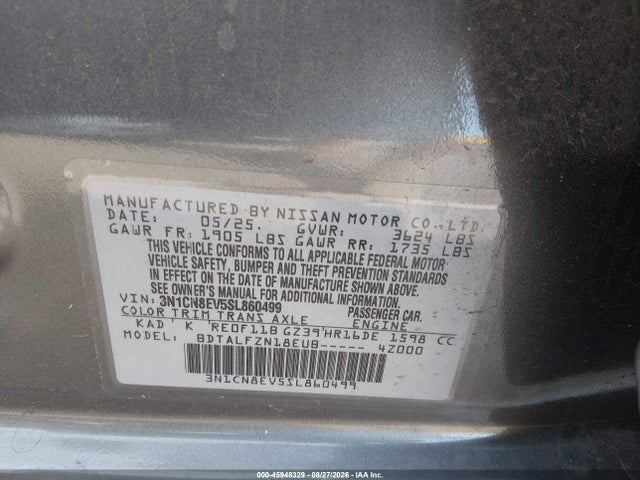 Aukcja sprzedaży 2025 Nissan Versa Sv, vin: 3N1CN8EV5SL860499, numer aukcji: 45948329