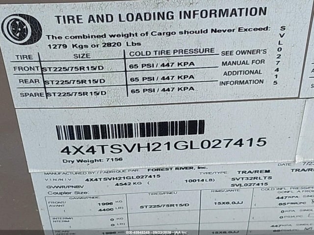 Продаж на аукціоні авто 2016 Forest River Surveyor, vin: 4X4TSVH21GL027415, номер лоту: 45948349