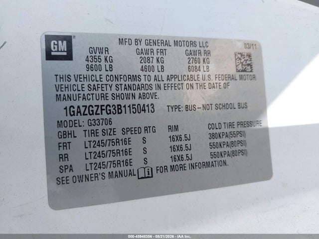 45948356 :رقم المزاد ، 1GAZGZFG3B1150413 vin ، 2011 Chevrolet Express 3500 Ls مزاد بيع