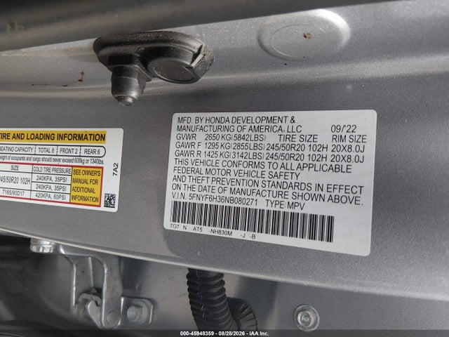 Продаж на аукціоні авто 2022 Honda Pilot Awd Sport, vin: 5FNYF6H36NB080271, номер лоту: 45948359