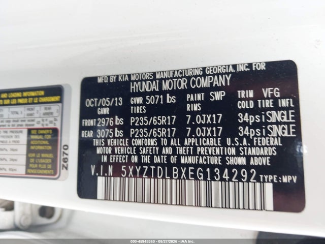 45948360 :رقم المزاد ، 5XYZTDLBXEG134292 vin ، 2014 Hyundai Santa Fe Sport 2.4l مزاد بيع