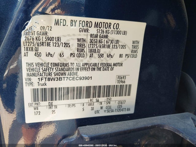 45948365 :رقم المزاد ، 1FT8W3BT7CEC93901 vin ، 2012 Ford F-350 Xlt مزاد بيع