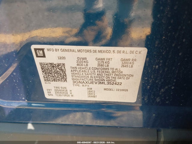 45948367 :رقم المزاد ، 3GNAXUEV3ML352422 vin ، 2021 Chevrolet Equinox Awd Lt مزاد بيع