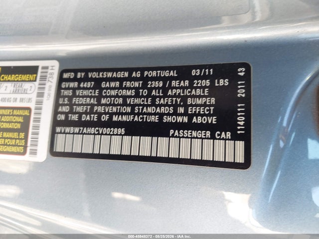 2012 Volkswagen Eos Komfort მანქანა იყიდება აუქციონზე, vin: WVWBW7AH6CV002895, აუქციონის ნომერი: 45948372