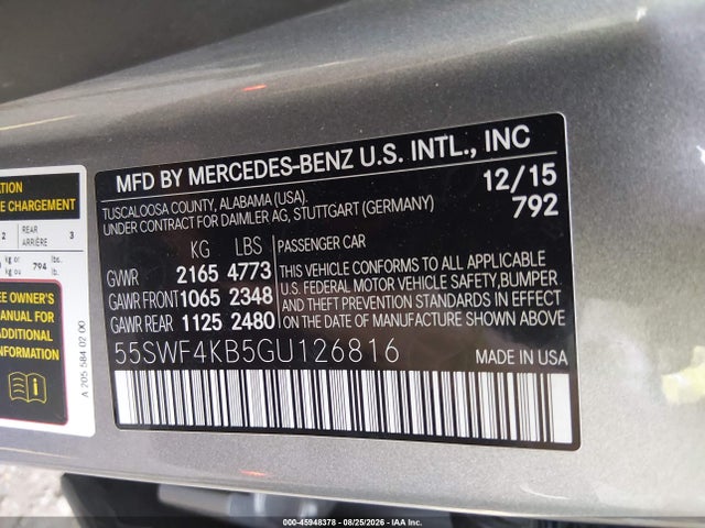 45948378 :رقم المزاد ، 55SWF4KB5GU126816 vin ، 2016 Mercedes-benz C 300 4matic مزاد بيع