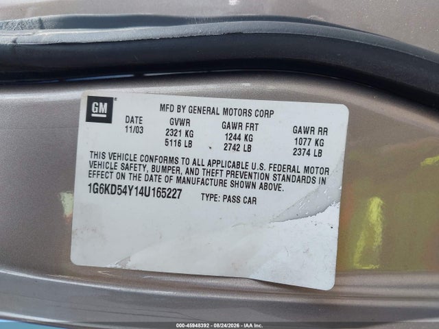 45948392 :رقم المزاد ، 1G6KD54Y14U165227 vin ، 2004 Cadillac Deville مزاد بيع