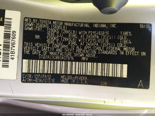 Продаж на аукціоні авто 2006 Toyota Sienna Ce, vin: 5TDZA23C86S407916, номер лоту: 45948394