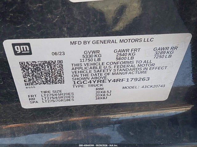 Auction sale of the 2024 Chevrolet Silverado 2500hd 4wd  Standard Bed High Country, vin: 1GC4YREY4RF179263, lot number: 45948399