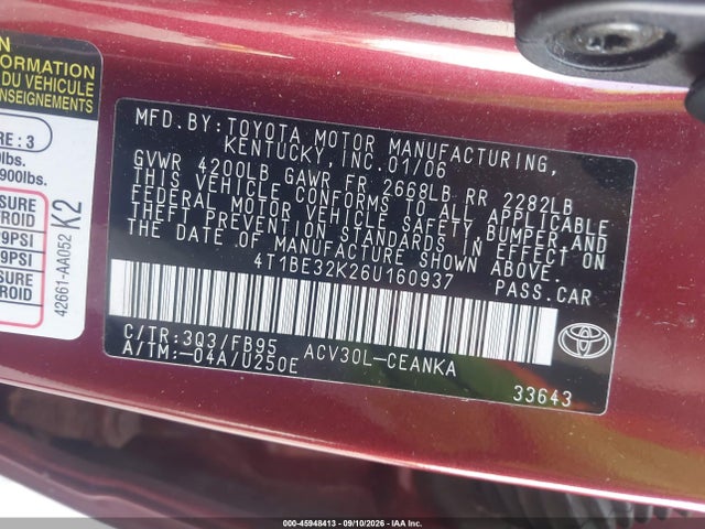 2006 Toyota Camry Le/xle/se მანქანა იყიდება აუქციონზე, vin: 4T1BE32K26U160937, აუქციონის ნომერი: 45948413