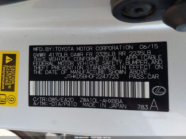 Auction sale of the 2015 Lexus Ct 200h, vin: JTHKD5BH0F2247723, lot number: 45948426