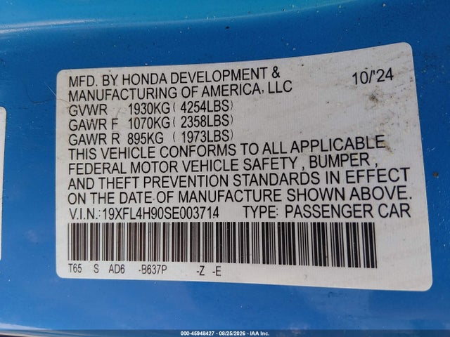 Продажа на аукционе авто 2025 Honda Civic Hybrid Sport Touring, vin: 19XFL4H90SE003714, номер лота: 45948427