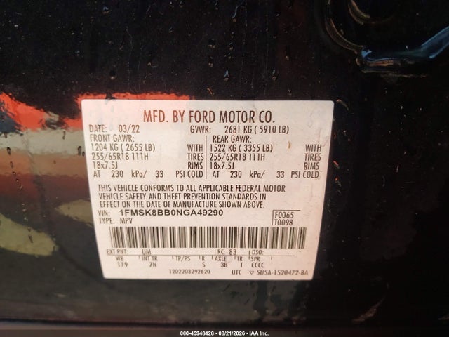 Продажа на аукционе авто 2022 Ford Explorer, vin: 1FMSK8BB0NGA49290, номер лота: 45948428