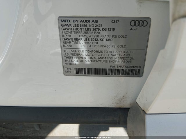 Aukcja sprzedaży 2018 Audi Q5 2.0t Premium/2.0t Tech Premium, vin: WA1BNAFY3J2012009, numer aukcji: 45948439