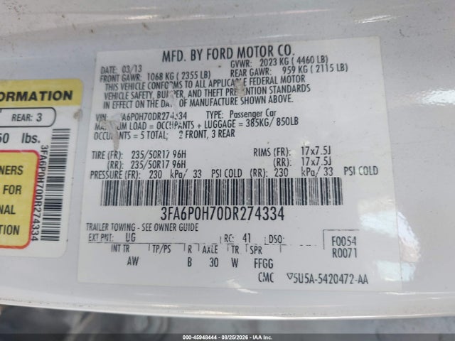 Auction sale of the 2013 Ford Fusion Se, vin: 3FA6P0H70DR274334, lot number: 45948444