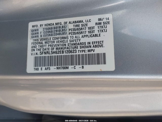 45948448 :رقم المزاد ، 5FNRL5H62EB120623 vin ، 2014 Honda Odyssey Ex-l مزاد بيع