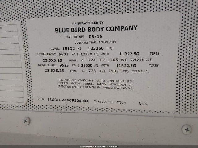 Продаж на аукціоні авто 2016 Blue Bird School Bus / Transit Bus, vin: 1BABLCPA5GF320044, номер лоту: 45948464