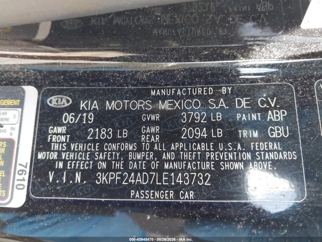 Продаж на аукціоні авто 2020 Kia Forte Lxs, vin: 3KPF24AD7LE143732, номер лоту: 45948470