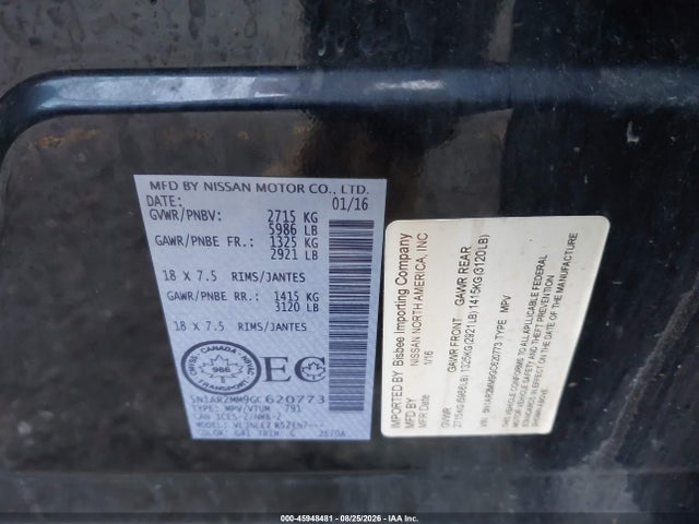 Aukcja sprzedaży 2016 Nissan Pathfinder Platinum/s/sl/sv, vin: 5N1AR2MM9GC620773, numer aukcji: 45948481
