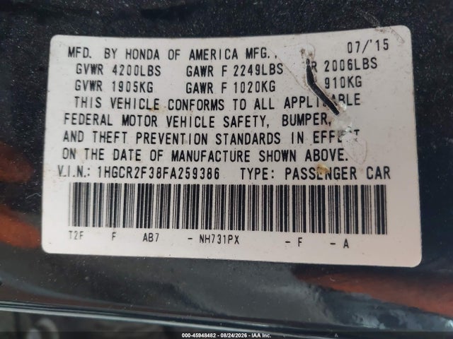 Продаж на аукціоні авто 2015 Honda Accord Lx, vin: 1HGCR2F38FA259386, номер лоту: 45948482